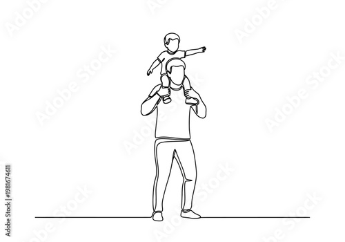 Continuous line drawing of a father carrying his small son on his shoulders, minimalist vector illustration of fatherhood, family bonding and love