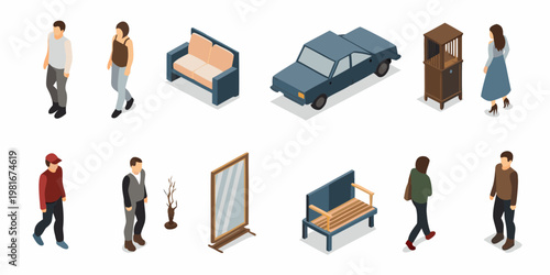 Isometric illustration depicting people furniture and transportation elements