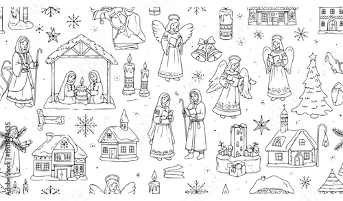 Christmas seamless pattern with carols – Ukrainian Vertep winter holiday vector illustration