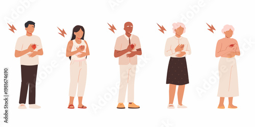 Diverse people experiencing heart attack symptoms illustrated with pain indicators