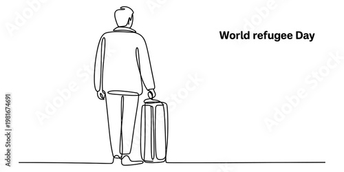 A single continuous line drawing of a person walking away carrying luggage for world refugee day Vector, illustration