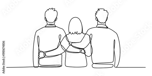 A continuous line drawing of three friends standing side by side with their arms around each other Vector, illustration