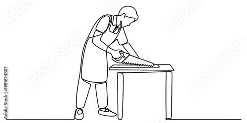 A single continuous line drawing of a carpenter using a hand saw to cut a piece of wood on a table Vector, illustration
