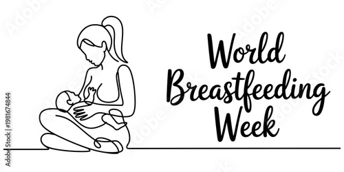 A single continuous line drawing of a mother nursing her infant for world breastfeeding week event. Vector, illustration