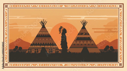 vector illustration of a minimalist silhouette scene at sunset with  orange tones, featuring a Native American figure 