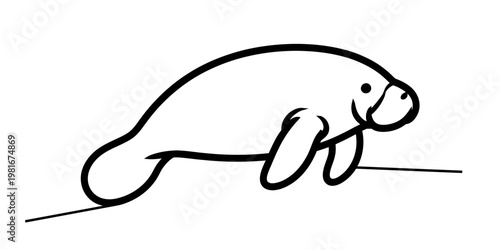 A simple black and white line drawing of a gentle manatee swimming on a plain white background Vector, illustration