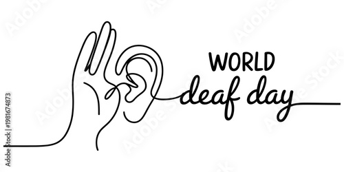 A minimalist single line drawing illustration depicting a hand cupping an ear for world deaf day. Vector, illustration