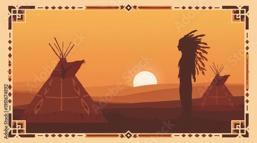 vector illustration of a minimalist silhouette scene at sunset with  orange tones, featuring a Native American figure 