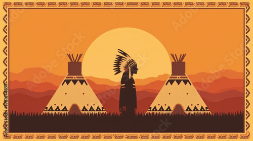 vector illustration of a minimalist silhouette scene at sunset with  orange tones, featuring a Native American figure 