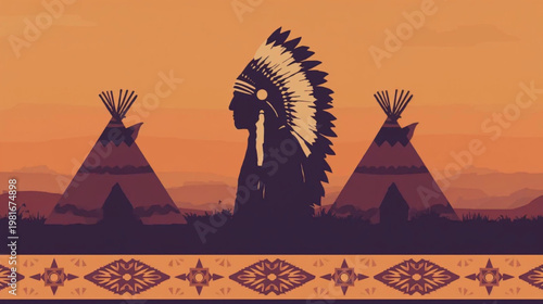 vector illustration of a minimalist silhouette scene at sunset with  orange tones, featuring a Native American figure 