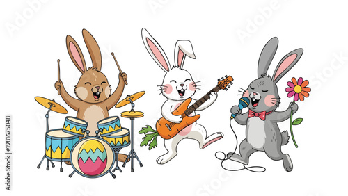 Cute Cartoon Bunnies Rock Band, Easter Music Celebration, Fun Animal Illustration