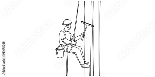 A black and white line drawing of a window cleaner working at height on a tall building facade Vector, illustration