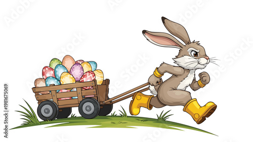 Running Easter Bunny pulling a wooden cart loaded with colorful decorated eggs on grass, isolated cartoon illustration for spring holiday.