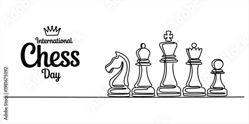 A minimalist continuous line drawing featuring various chess pieces for international chess day Vector, illustration