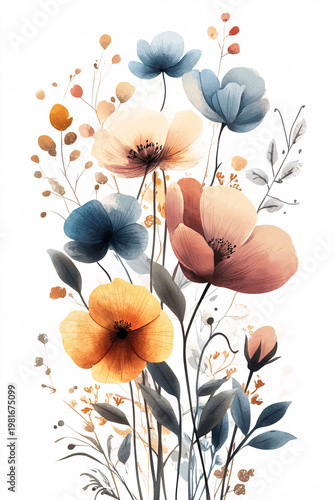 Delicate watercolor bouquet of wildflowers on white