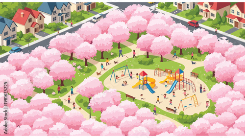 Spring Cherry Blossom Park with Playground and People: Aerial View of Community Leisure and Outdoor Fun Illustration