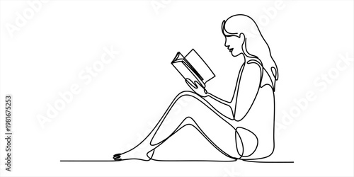 Minimalist continuous line drawing of a woman sitting on the floor and reading a hardcover book Vector, illustration
