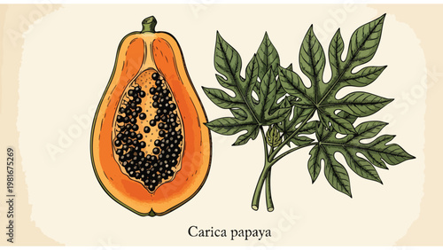 Papaya Fruit and Leaves Botanical Illustration. Hand-drawn Carica papaya with cut fruit, seeds, and green foliage.