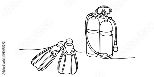 A single continuous line drawing of essential scuba diving equipment including fins and tanks. Vector, illustration