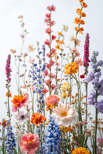 Vibrant Array of Colorful Wildflowers on a White Background