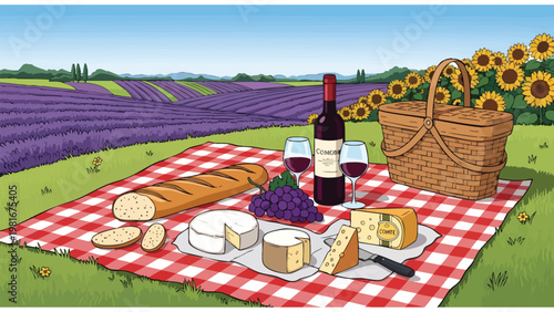 French Countryside Picnic: Wine, Cheese, Bread, Lavender Fields, Sunflowers
