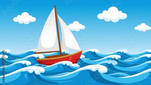 Illustration of a red sailboat with white sails on blue waves against a blue sky with white clouds.