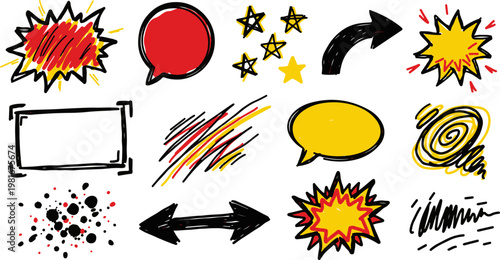 Hand drawn comic speech bubbles and explosion bursts for creative storytelling design.