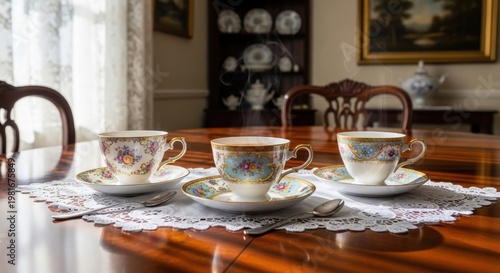 Three delicate antique porcelain teacups with ornate floral patterns arranged on saucers on a wooden table, set for a traditional tea service