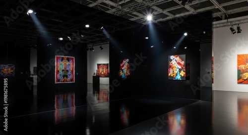 Vibrant abstract paintings displayed in a modern, dimly lit art gallery with dramatic spotlights highlighting the colorful canvases.