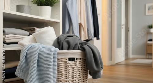 Woven laundry basket overflowing with soft textiles and clothing in a home closet setting