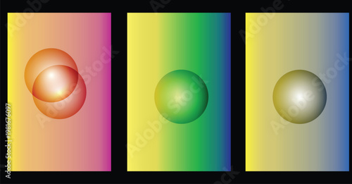 Three gradient backgrounds with central spherical shapes