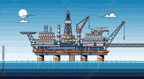 Offshore Oil Rig Platform in Ocean Under Blue Sky with Clouds and Moon