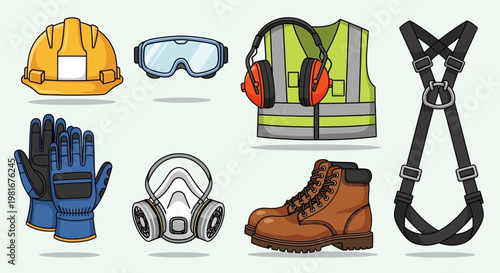 Construction Safety Gear Collection: Hard Hat, Gloves, Goggles, Vest, Mask, Boots, Harness
