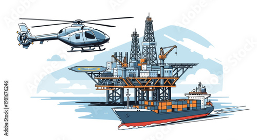 Offshore Oil Rig, Helicopter, and Cargo Ship - Industrial Marine Transportation and Energy Production