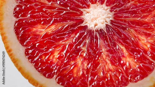 Extreme macro close-up of a fresh juicy blood orange slice with vibrant red pulp texture and bright lighting