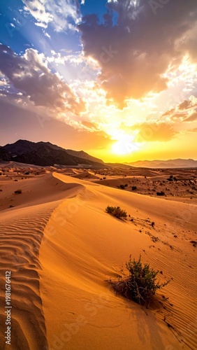 Stunning Desert Landscape at Sunset with Dramatic Cloud Formation