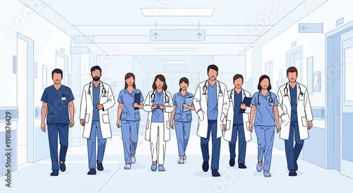 Diverse Medical Team Walking Down Hospital Corridor