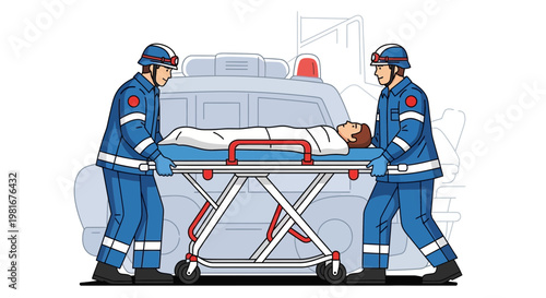 Paramedics Transporting Patient on Stretcher with Ambulance Background