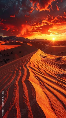 Breathtaking Sunset Over Desert Sand Dunes with Dramatic Skies