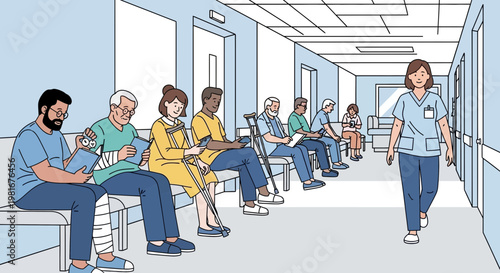 Diverse patients waiting in hospital corridor with nurse