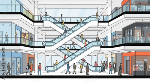 Busy Shopping Mall Interior with Escalators and Shoppers on Multiple Levels