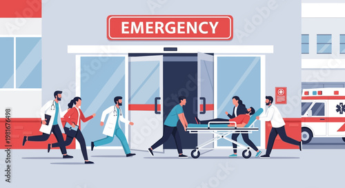 Emergency Room Entrance: Doctors and Nurses Rush Patient on Stretcher