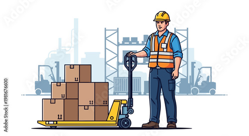 Warehouse worker with pallet jack and boxes, forklifts and shelves in background