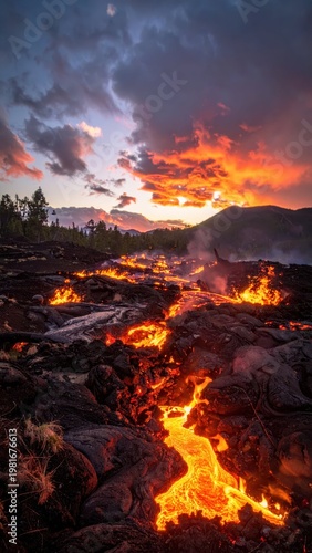 Spectacular Lava Flow Under Dramatic Sunset Sky in Natural Environment