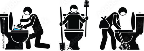 Three figures cleaning toilets with brushes and blue cleaning liquid toilet cleaning bathroom cleaning