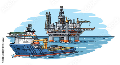 Offshore Oil Rig and Supply Ship Illustration, Industrial Marine Scene