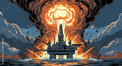 Offshore oil rig explosion, catastrophic disaster, fire, smoke, and destruction at sea