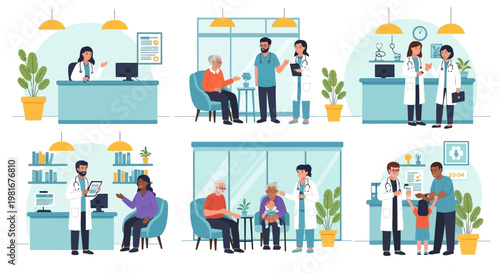 Diverse medical staff interacting with patients in clinic waiting rooms and examination areas