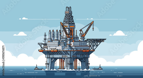Offshore oil rig platform in the sea, industrial drilling, marine engineering, energy extraction