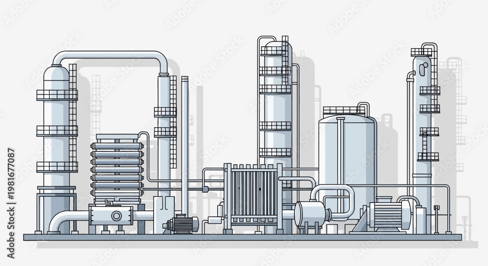Fototapeta premium Industrial Chemical Plant Complex, Oil Refinery Equipment, Manufacturing Facility Illustration